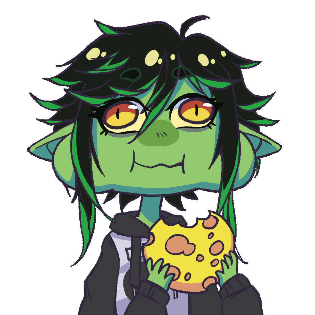 A green goblin happily munching an enormous chocolate-chip cookie.
